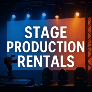 Stage production rentals setup featuring event lighting, video wall, camera, and mixing console at a live event
